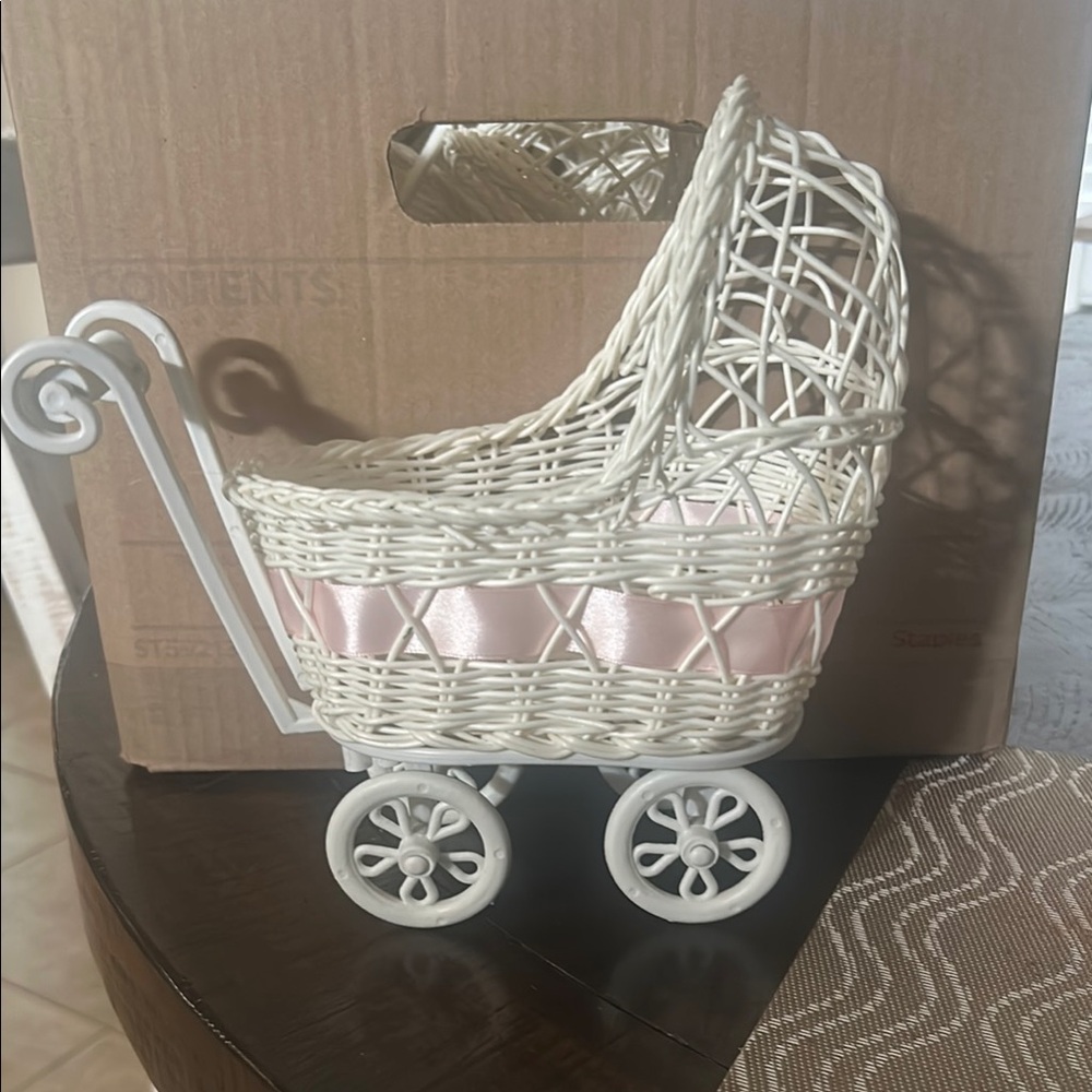 6 White Wicker Baby Carriages